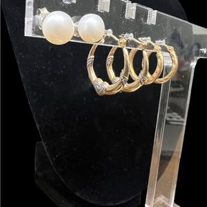 14k gold pierced hoop earrings and sterling cultured pearl earrings bundle